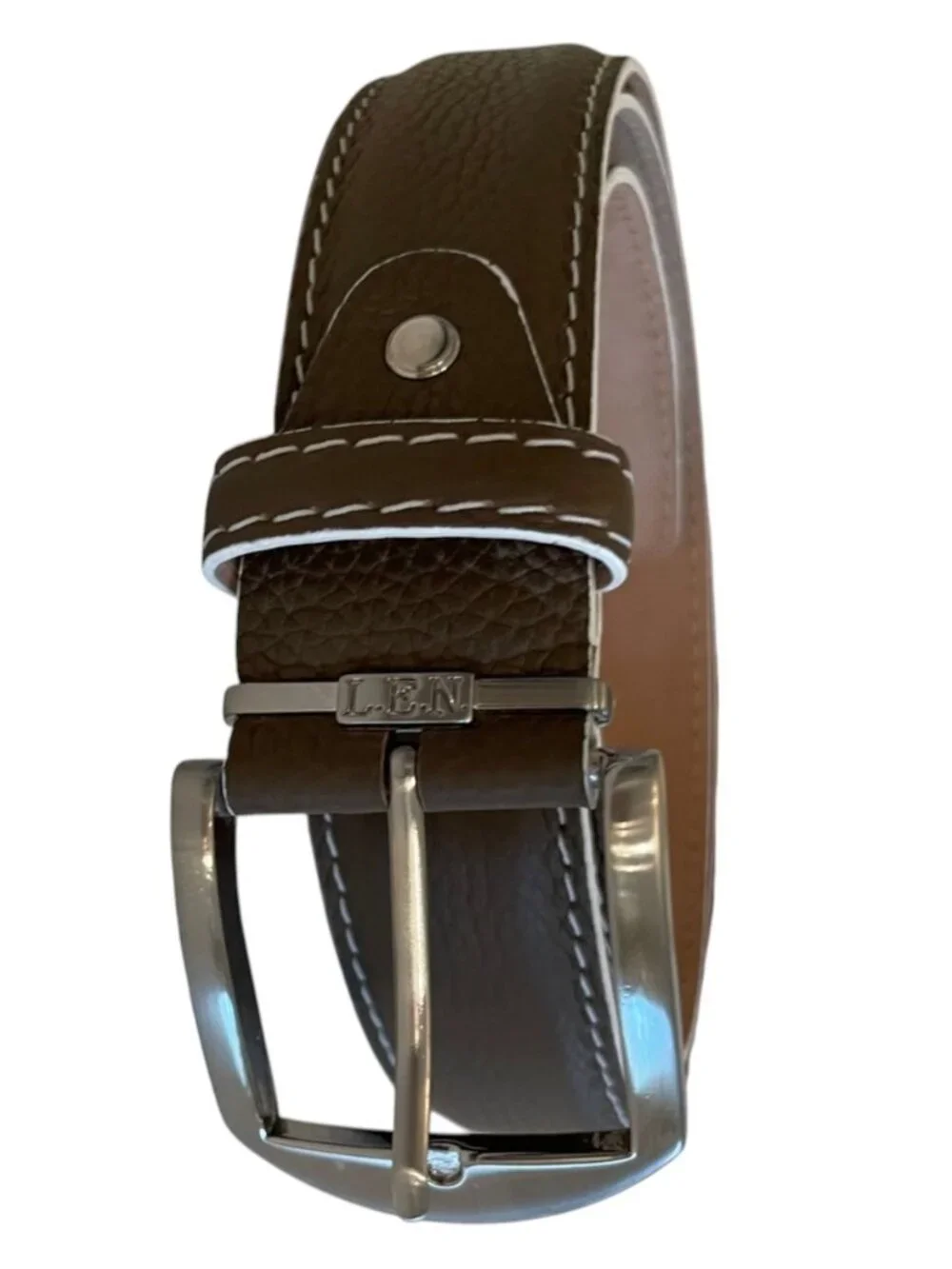 L.E.N. LEN Men's Genuine French Calf Leather Belt Brown with Pebble Grain USA 46